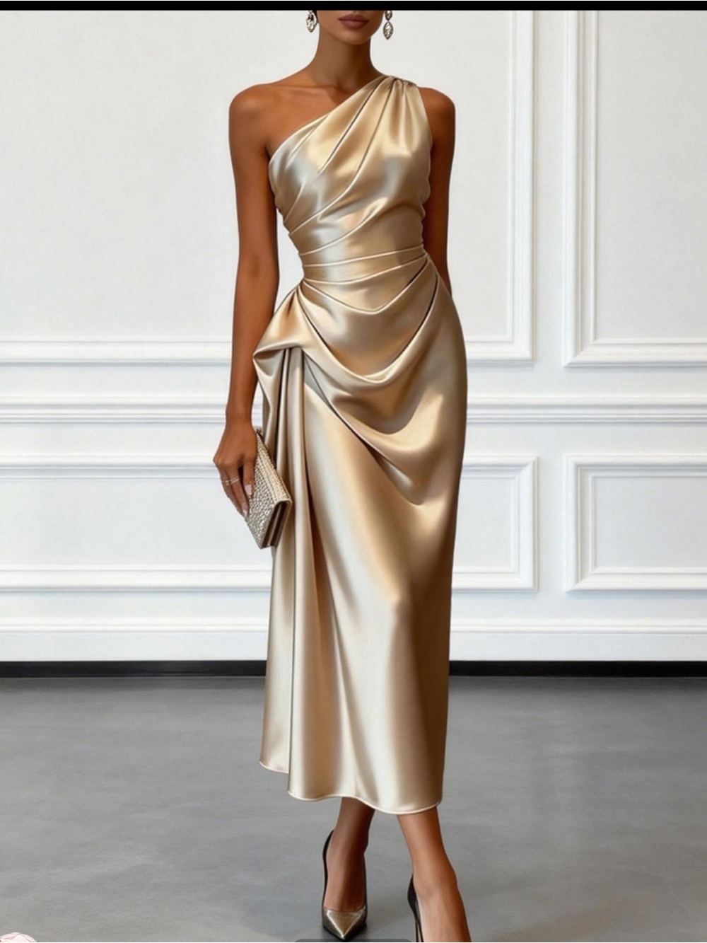 One-Shoulder Satin Gold Evening Dress